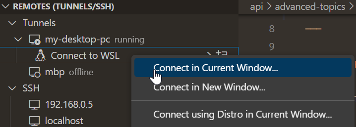 Remote Tunnels view with a Connect to WSL option